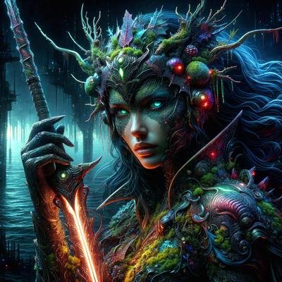 The primary subject of the image is a woman with a unique and intricate appearance. She is wearing a gown and has a sword in her hand. The setting is a dark, possibly underwater, environment with a backdrop of a city. The visual style is digital art, and the colors and mood are dark and mysterious.